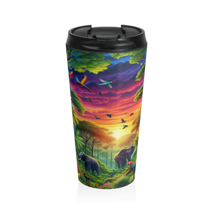 "Sundown in the Wild: A Rainbow Jungle Adventure" - The Alien Stainless Steel Travel Mug