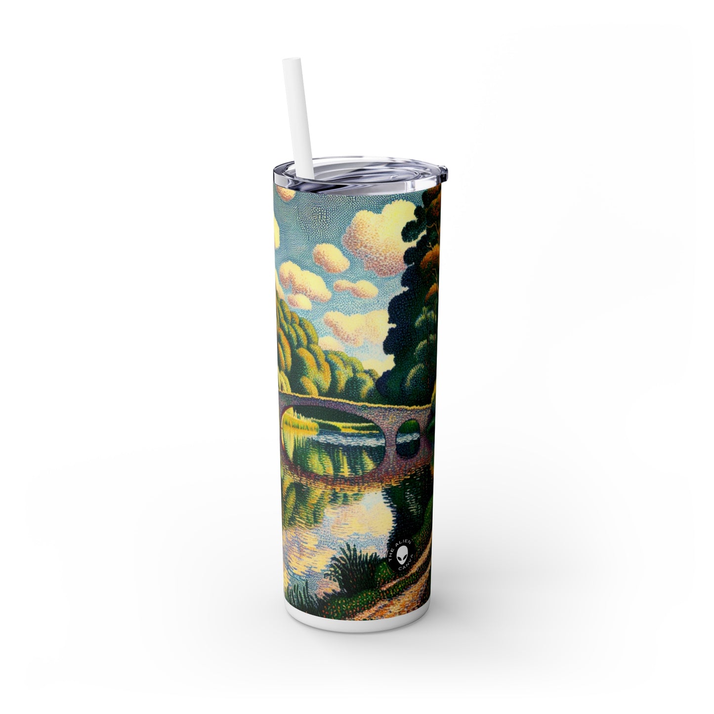 "Atardecer tranquilo: un paisaje de puntillismo" - Vaso delgado con pajita de Alien Maars®, puntillismo de 20 oz