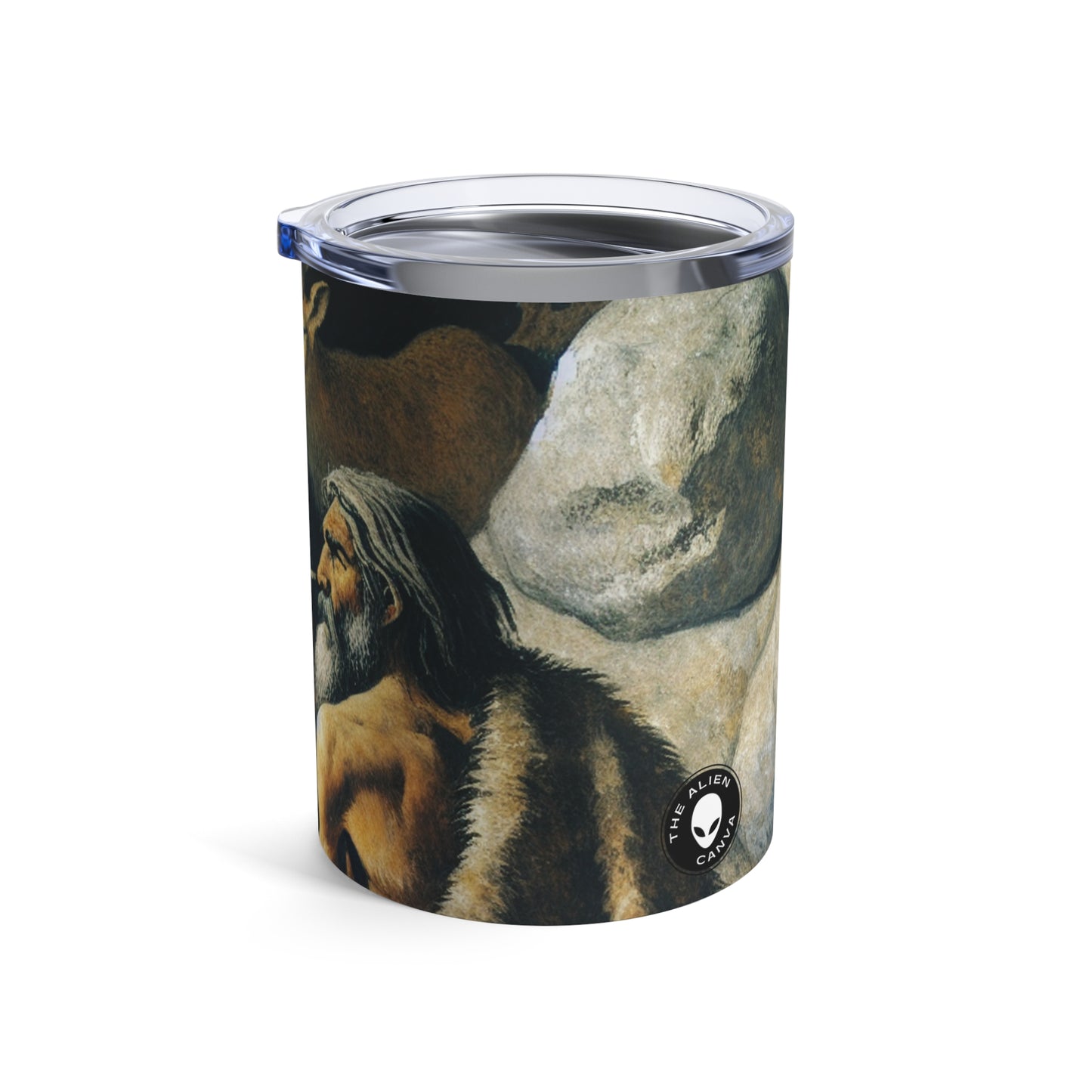 "Cazador y lobo: en busca de presas". - El vaso alienígena de 10 oz con pintura rupestre