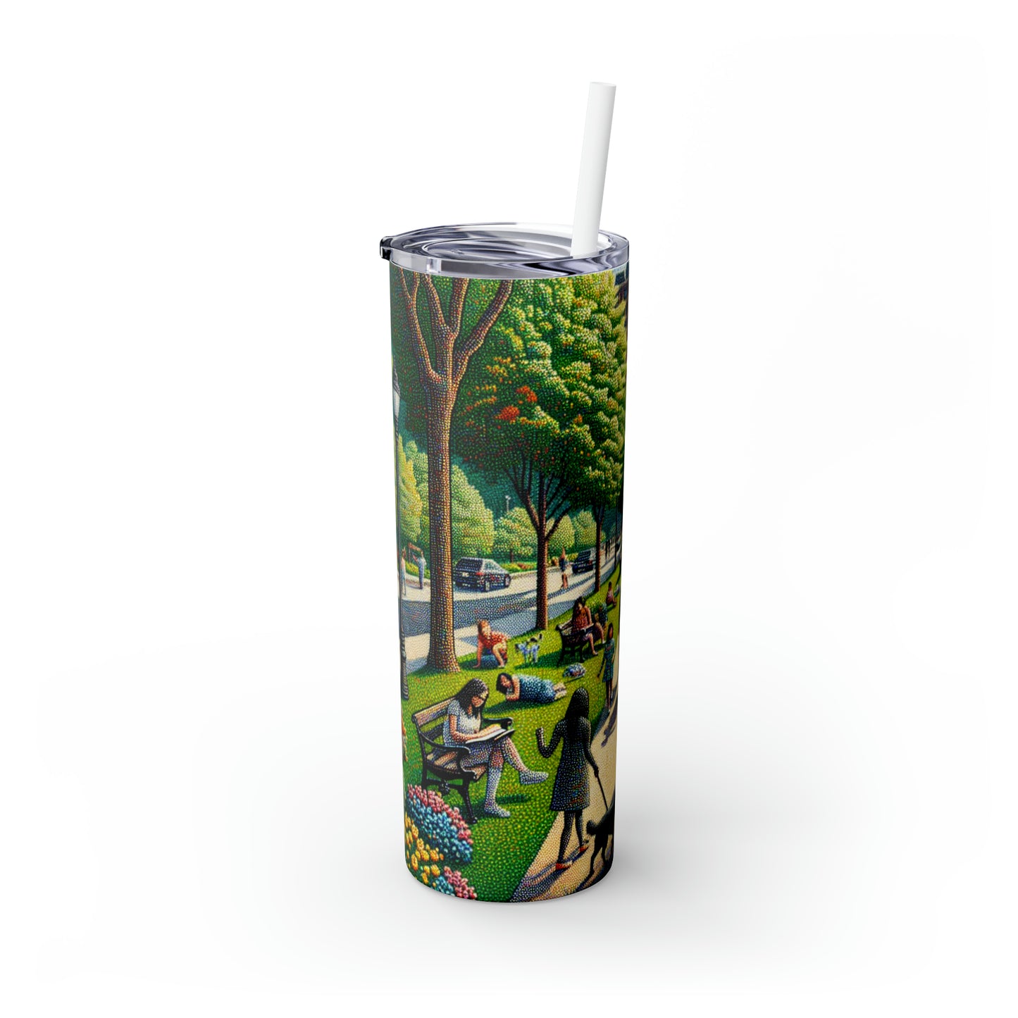 "Dotty Cityscape" - The Alien Maars® Skinny Tumbler with Straw 20oz Pointillism Style