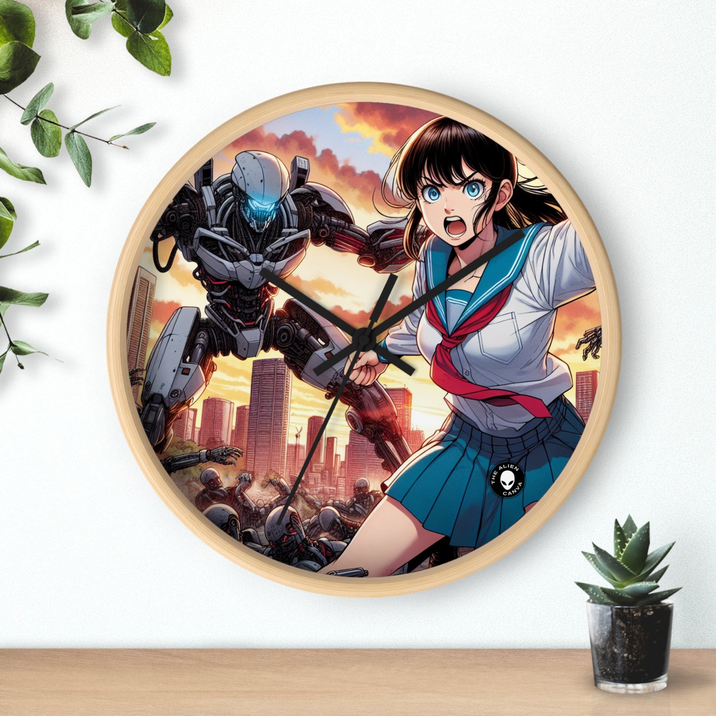 "Chica uniformada salva la ciudad de los invasores". - El reloj de pared alienígena Manga/Anime Art