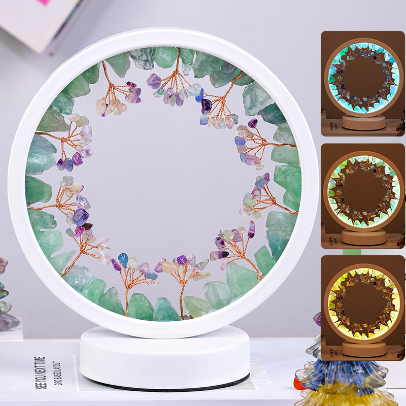 USB Interface Natural Crystal Stone Flower Tree Round Night Light Decoration Holiday Atmosphere Bedside Lamp