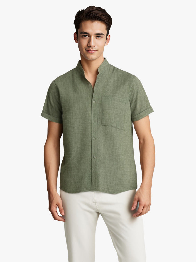 Chemise à revers à manches courtes de couleur unie Haut d'été en coton et lin respirant Vêtements pour hommes