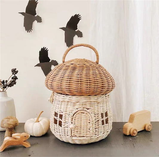 Sac tissé en rotin champignon pour enfants, petit panier nordique, boîte de rangement de jouets pour garçons et filles, décoration de chambre d'enfants