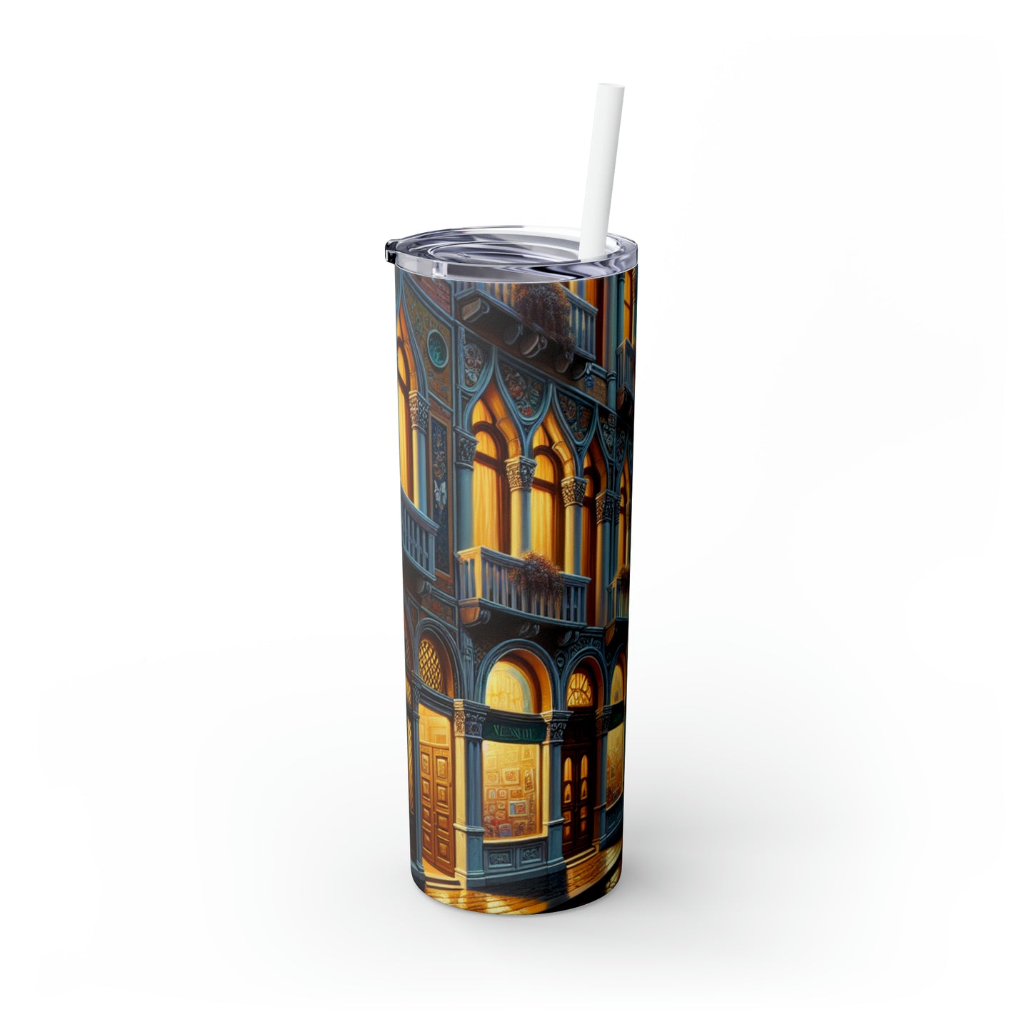 "Noche veneciana: una escena callejera luminosa" - Vaso delgado con pajita Alien Maars® de 20 oz Escuela veneciana