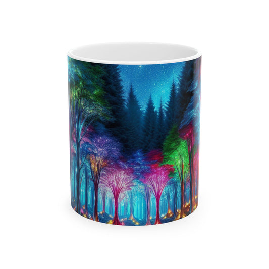 "Crystal Glow: El bosque encantado" - Taza de cerámica alienígena de 11 oz