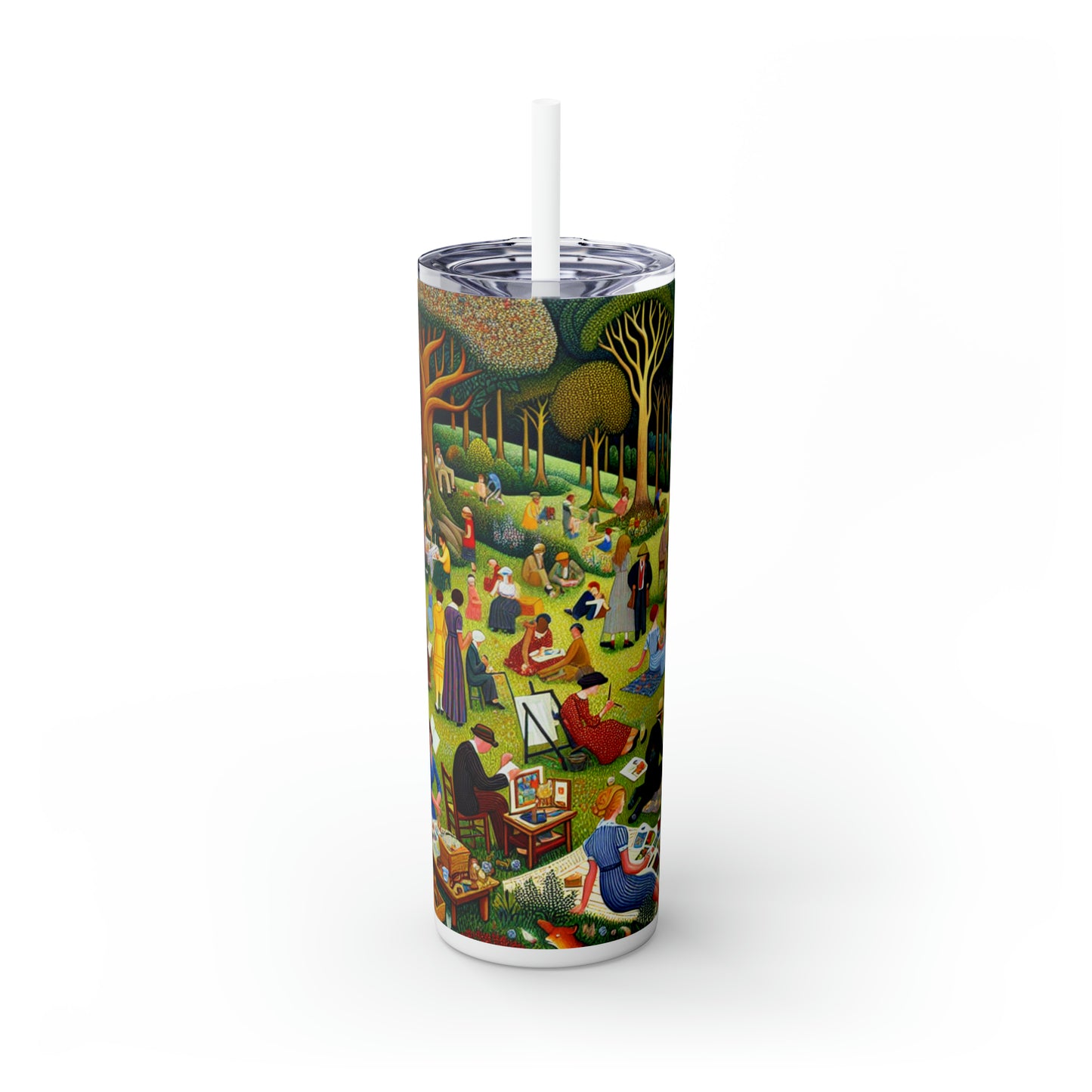 "Whimsical Village Delights" - Vaso delgado con pajita de Alien Maars®, 20 oz, arte naïve