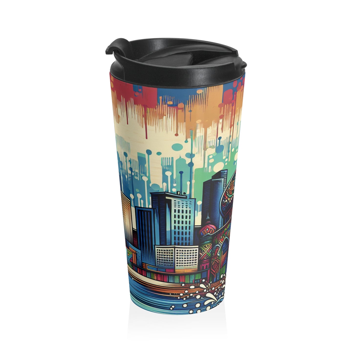 "Bright City: A Pop of Color on the Skyline" - The Alien Stainless Steel Travel Mug Street Art / Graffiti Style