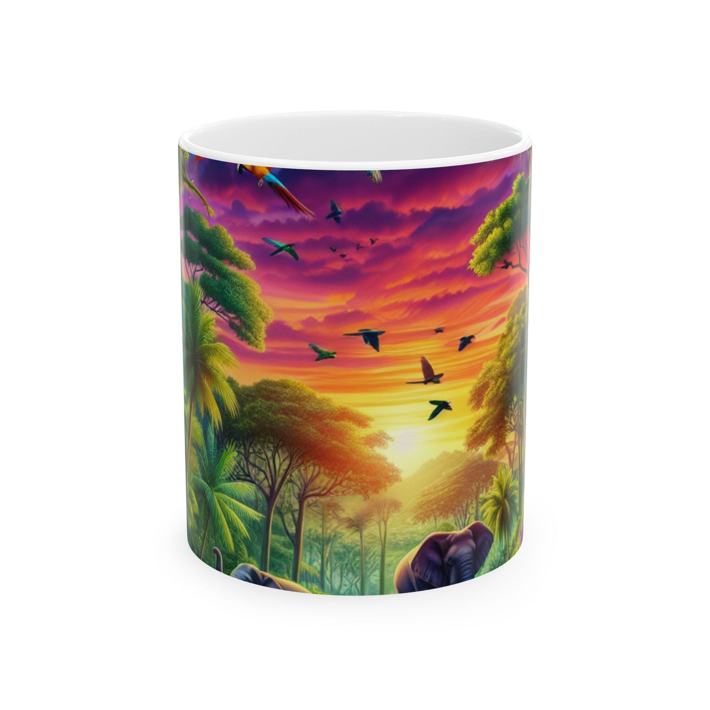 « Coucher de soleil dans la nature : une aventure dans la jungle arc-en-ciel » – Tasse en céramique Alien 11 oz