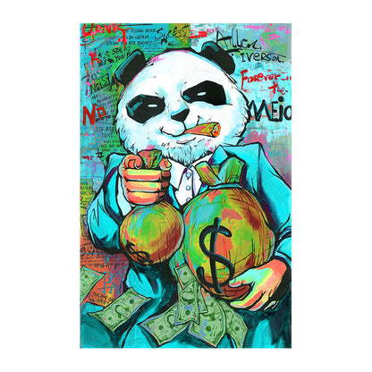 Cuadro divertido de Panda morado, bolsa de dinero, lienzo