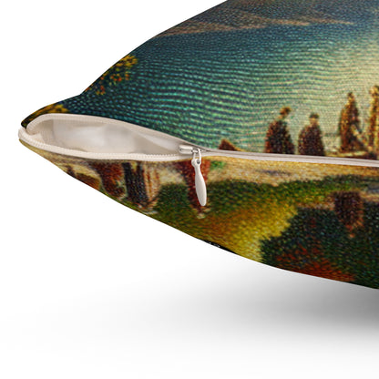 "Serenity in Dots: A Pointillism Sunset at the Beach"- The Alien Spun Polyester Square Pillow Pointillism