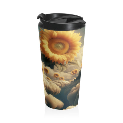 "Ethereal Sky: La ciudad de las nubes y los girasoles" - Taza de viaje de acero inoxidable de Alien