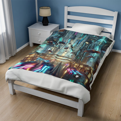 Neon Rain: A Futuristic Cityscape - The Alien Velveteen Plush Blanket