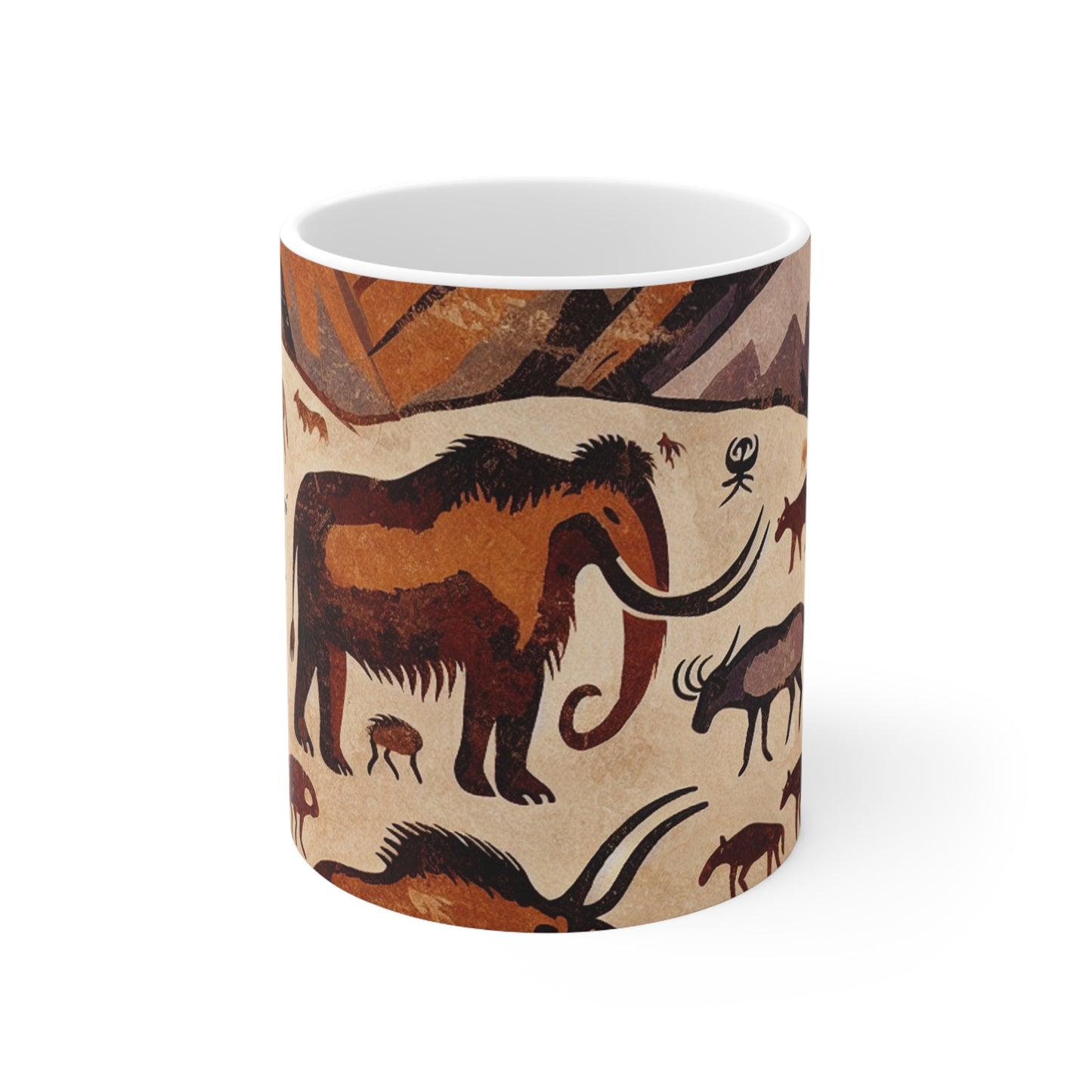 Title: "Ancient Encounter: The Battle of Giants" - The Alien Ceramic Mug 11oz Cave Painting