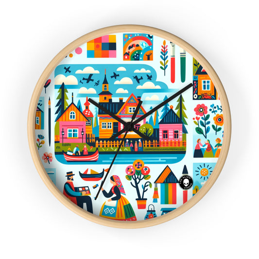 "Whimsical Village: A Folk Art Fairytale" - El reloj de pared alienígena Arte popular