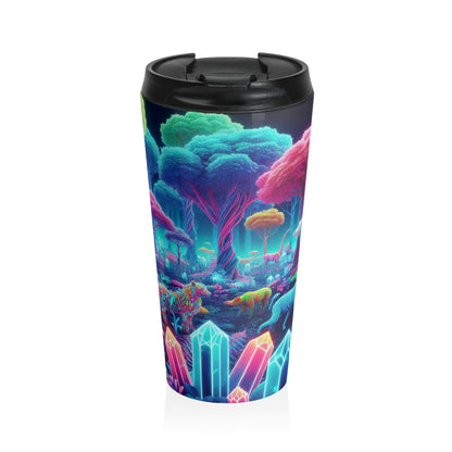 "Encantamiento resplandeciente: bosque de neón": taza de viaje de acero inoxidable de Alien