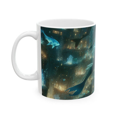 "Encantamiento bajo tierra: una metrópolis submarina bioluminiscente" - Taza de cerámica alienígena de 11 oz