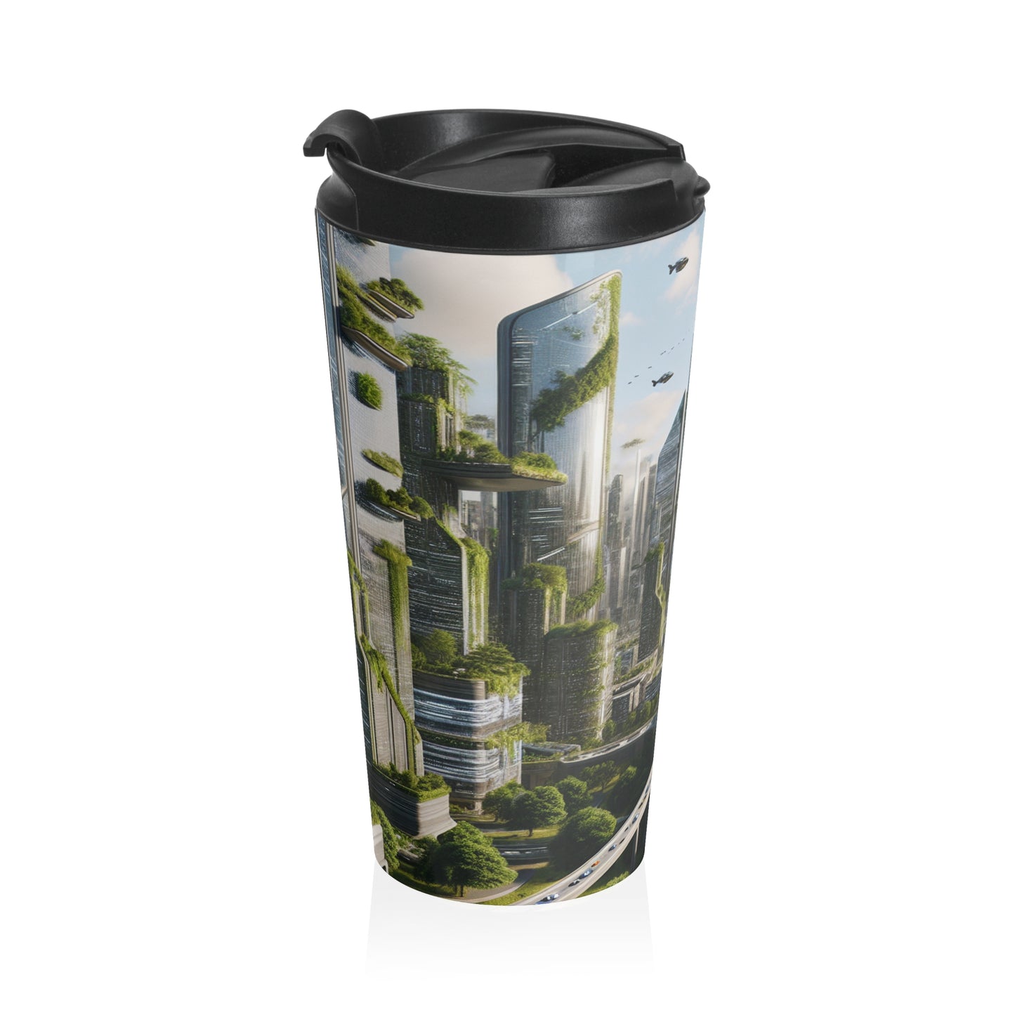 "Nature's Reclamation: A Futuristic Cityscape" - The Alien Stainless Steel Travel Mug