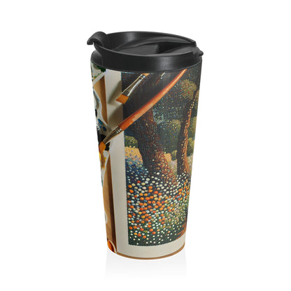 "Autumn Bliss: Pointillism Forest" - The Alien Stainless Steel Travel Mug Pointillism