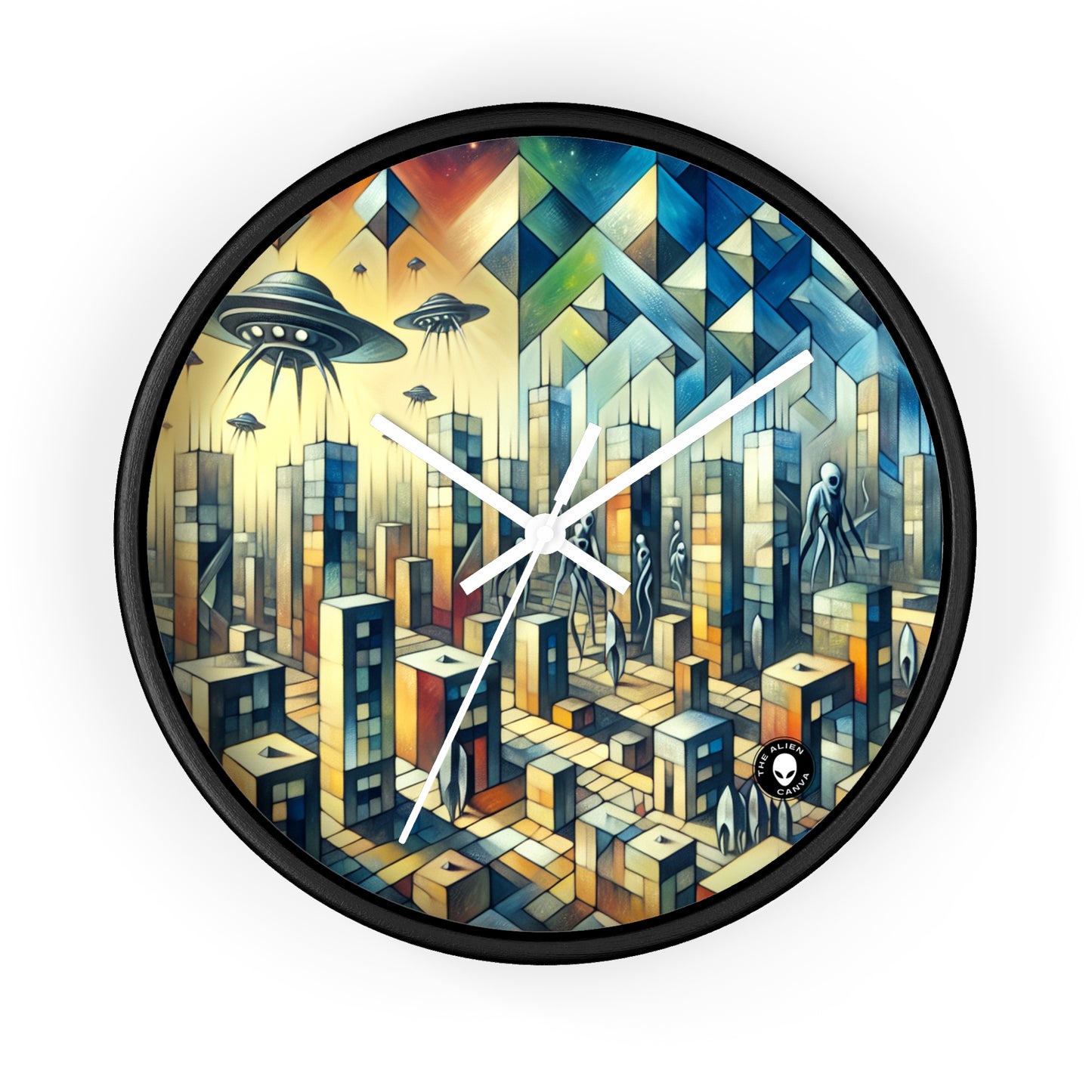 "Cubisme dans une ville futuriste envahie par des extraterrestres". - The Alien Wall Clock Une ville futuriste envahie par des extraterrestres dans un style artistique cubiste