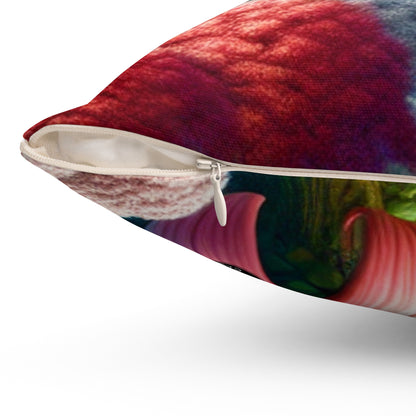 "Fanciful Garden: Big Blooms and Little Creatures"- The Alien Spun Polyester Square Pillow