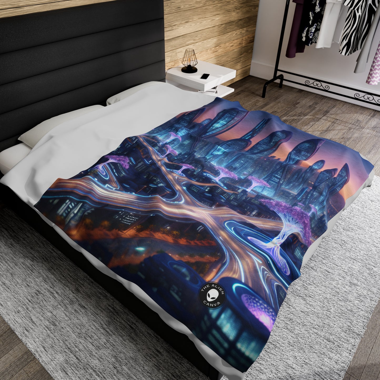 "City of Tomorrow: Nature and Technology Intertwined" - The Alien Velveteen Plush Blanket