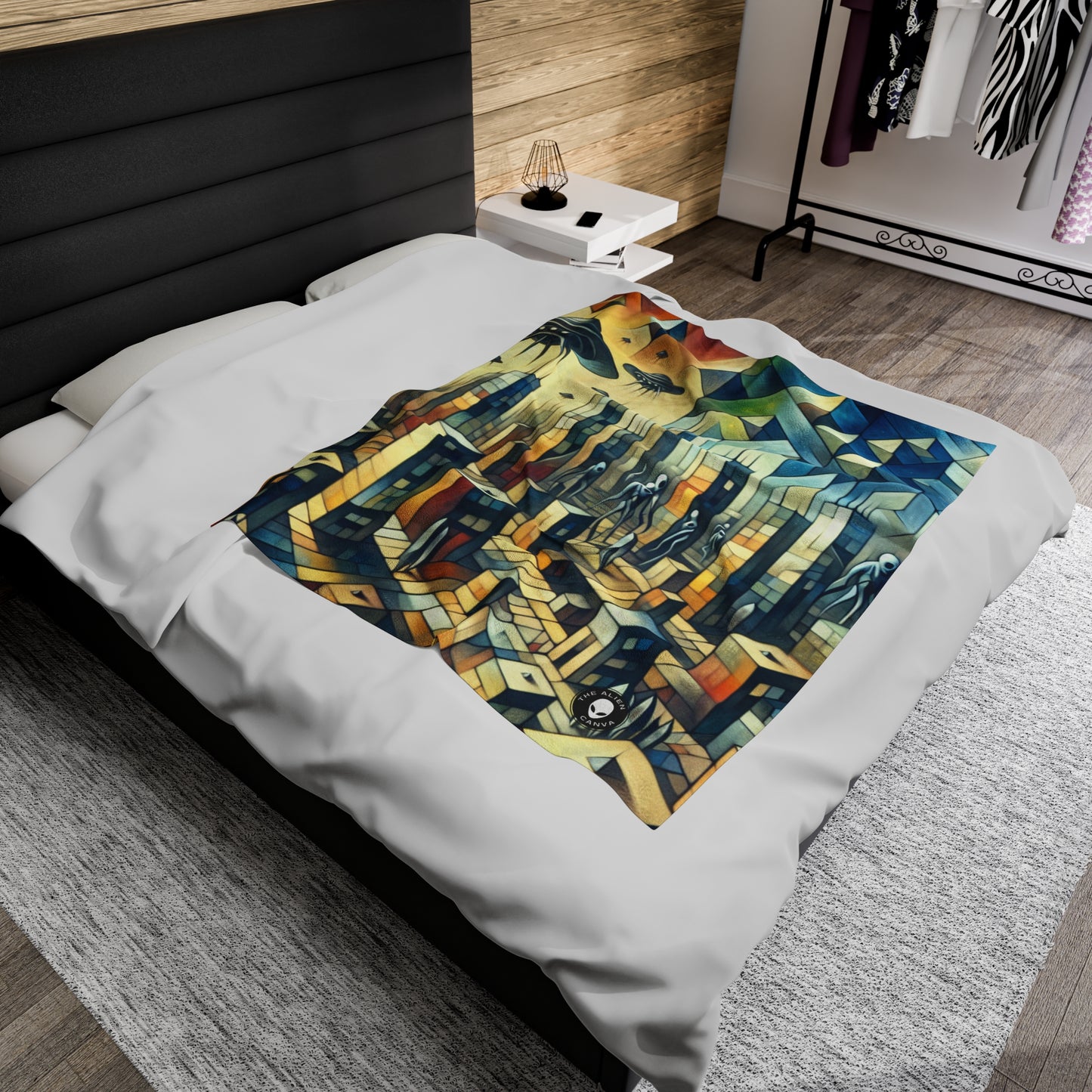 "Cubism in a Futuristic, Alien-Invaded City". - The Alien Velveteen Plush Blanket A futristic city invaded by aliens in cubism art style