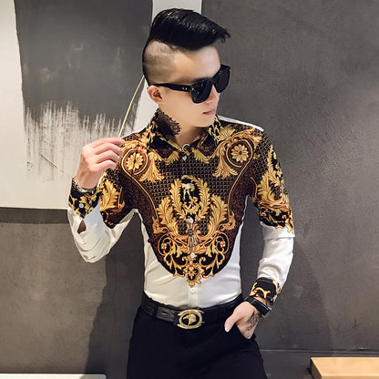 Spring and autumn new men's printed long-sleeved shirt slim shirt