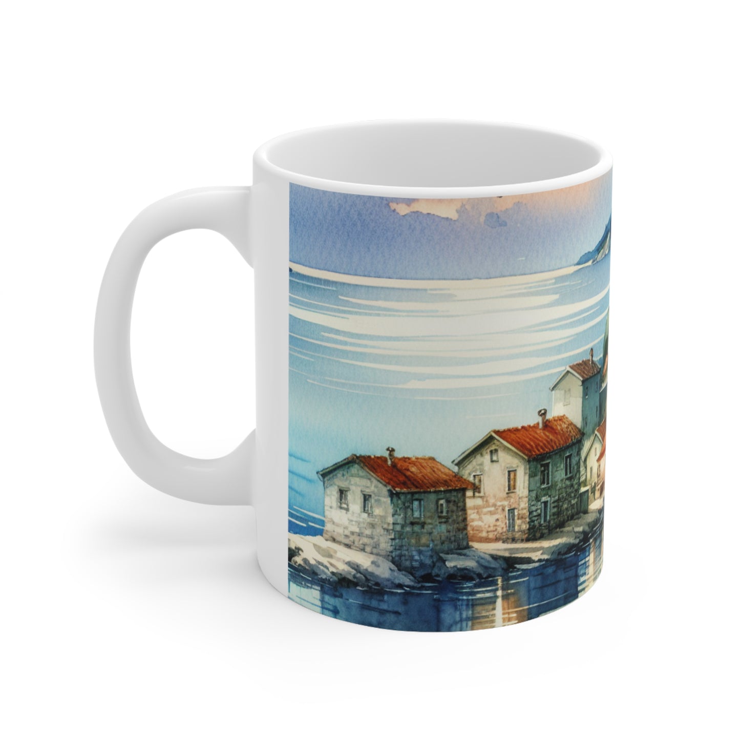 "Glimpse of a Seaside Haven" - Taza de cerámica alienígena de 11 oz estilo pintura de acuarela