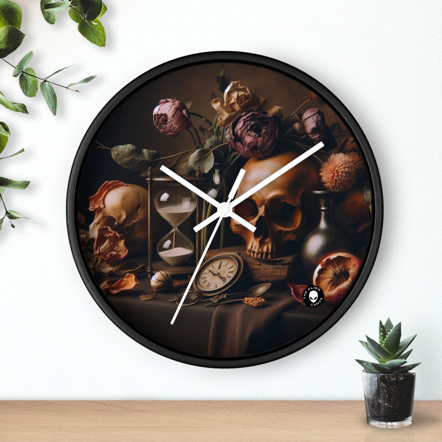 "Beauté éphémère : une peinture de Vanitas vibrante illustrant le passage du temps et la nature éphémère de la vie" - La peinture de Vanitas de l'horloge murale extraterrestre