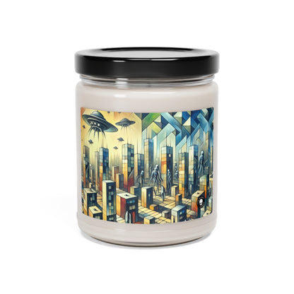 "Cubism in a Futuristic, Alien-Invaded City". - The Alien Scented Soy Candle 9oz A futristic city invaded by aliens in cubism art style