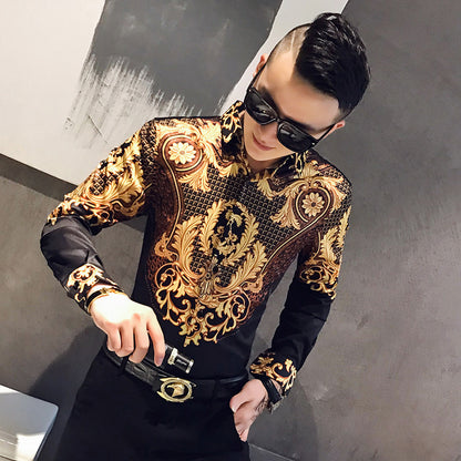 Spring and autumn new men's printed long-sleeved shirt slim shirt