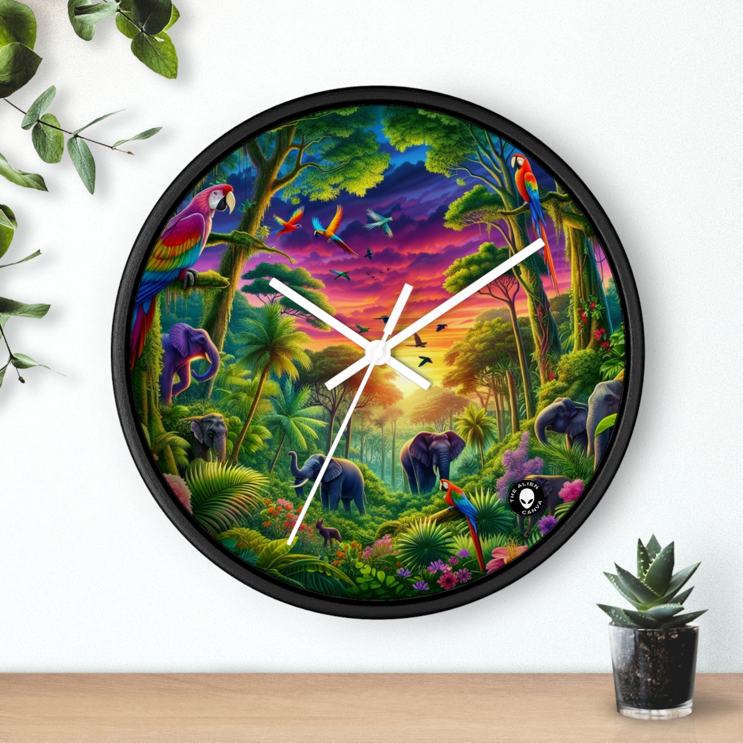 « Coucher de soleil dans la nature : une aventure dans la jungle arc-en-ciel » – L'horloge murale Alien