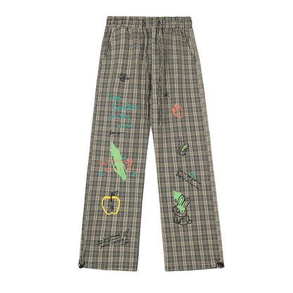 Printed Checks Men's Loose Street Elastic-waist Straight-leg Pants