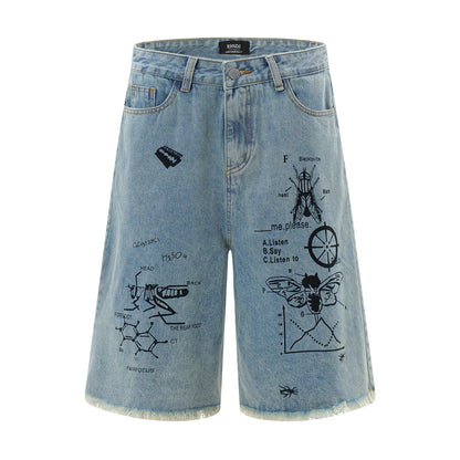 Printed Denim Straight Shorts For Men