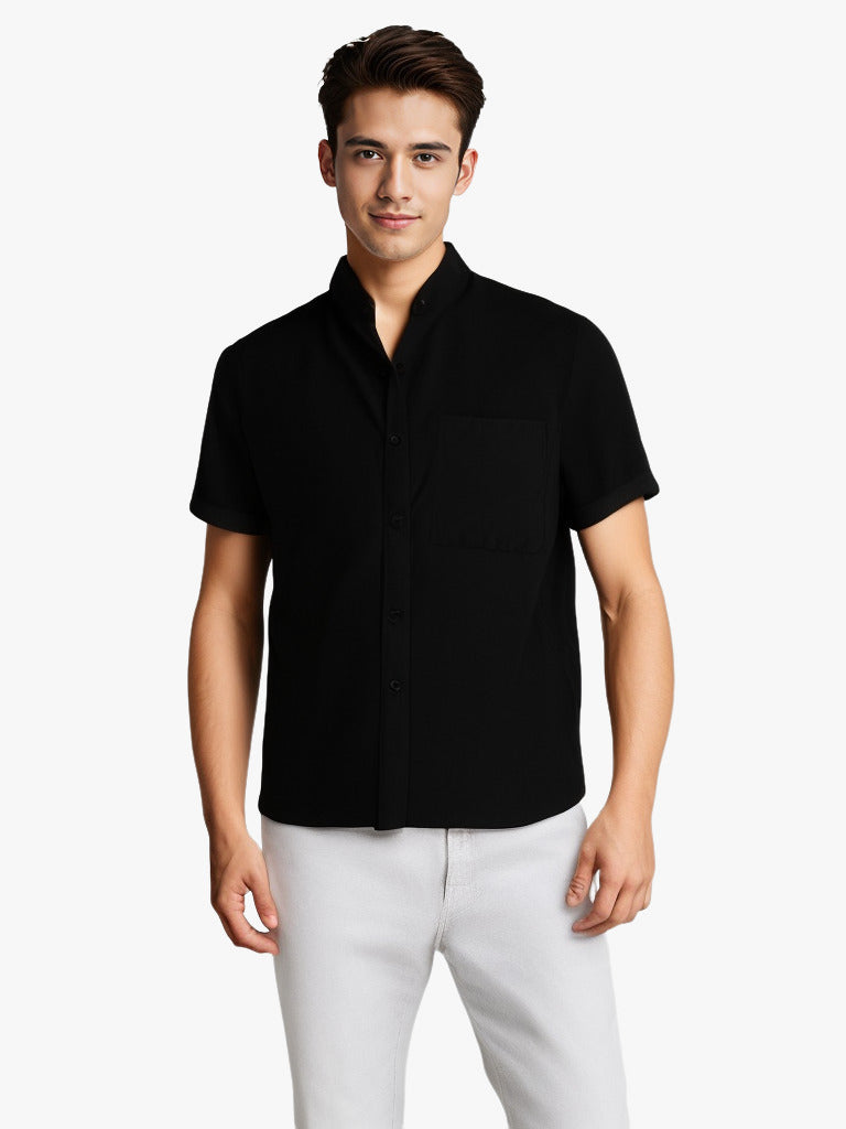 Camisa de solapa de manga corta de color sólido, transpirable, de algodón y lino, para verano, ropa para hombre