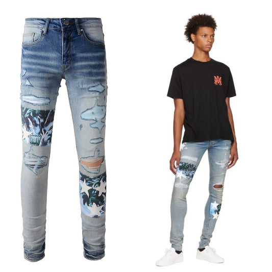 White Star Printed Patch Torn Jeans For Men
