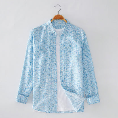 Printed Cotton And Linen Small Lapel Men's Shirt