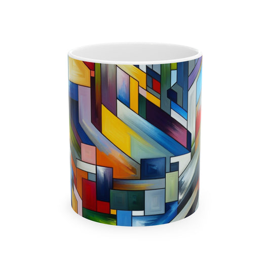 "City Pulse: Un voyage géométrique nocturne vibrant" - La tasse en céramique Alien 11oz Peinture à bords durs