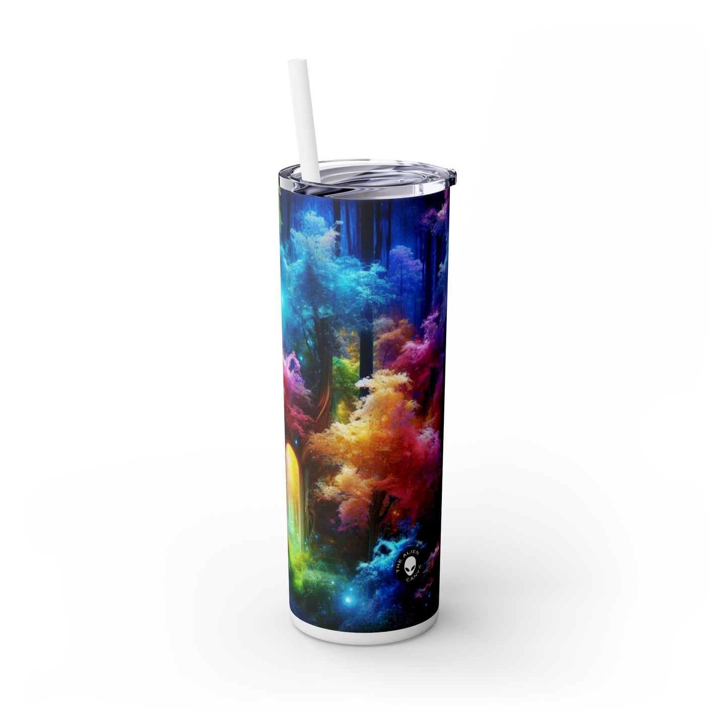 « Forêt arc-en-ciel enchantée : porte d'entrée vers le royaume invisible » - Verre fin Alien Maars® avec paille 20 oz