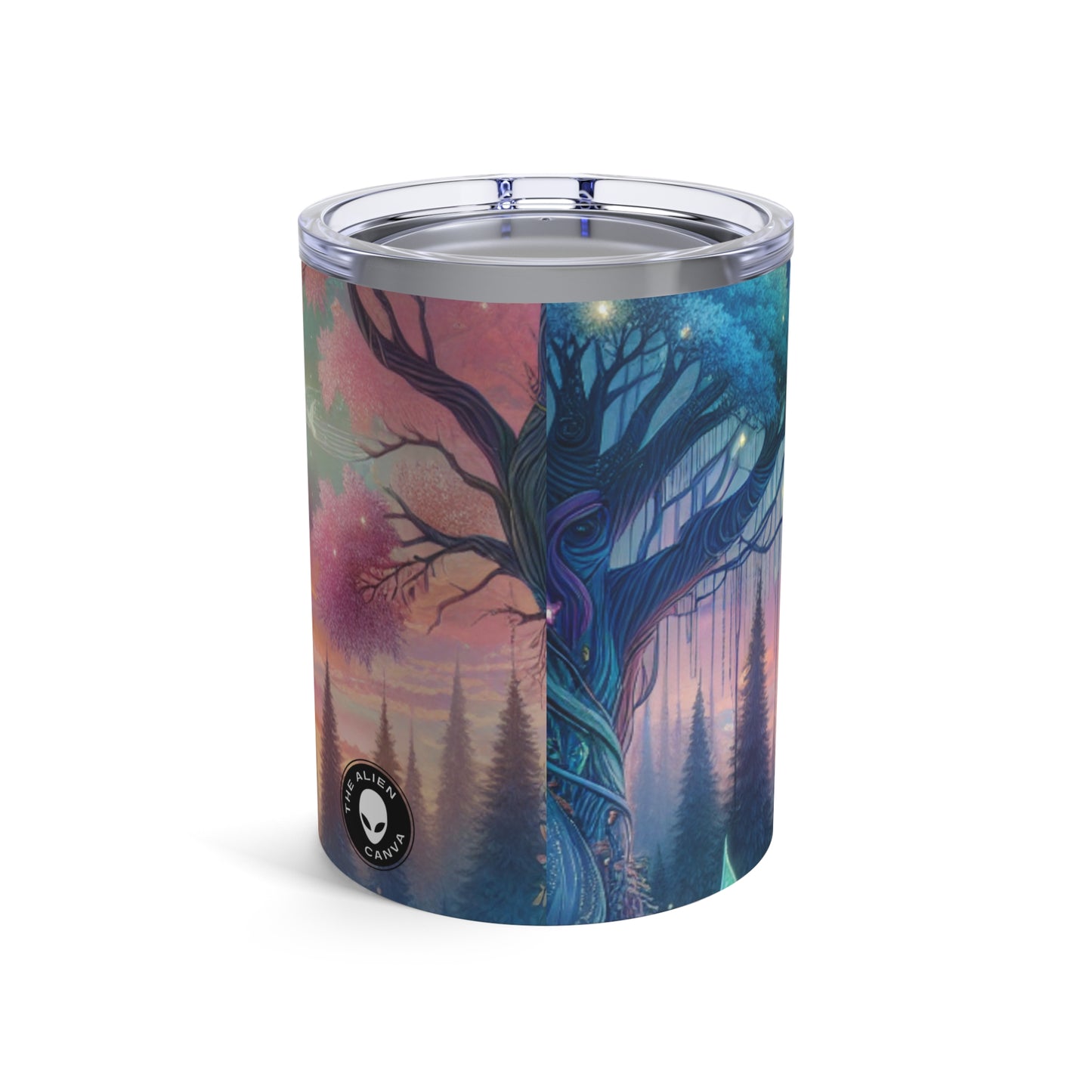 "Atardecer encantado: una pintura de un bosque mágico" - Vaso Alien de 10 oz