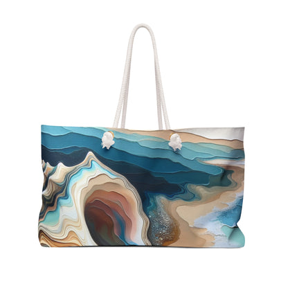 "Une vue sur la plage à travers un coquillage" - The Alien Weekender Bag Acrylique Pouring