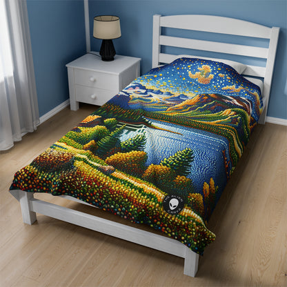 "Tranquil Sunset: A Pointillist Masterpiece of Serene Countryside" - The Alien Velveteen Plush Blanket Pointillism