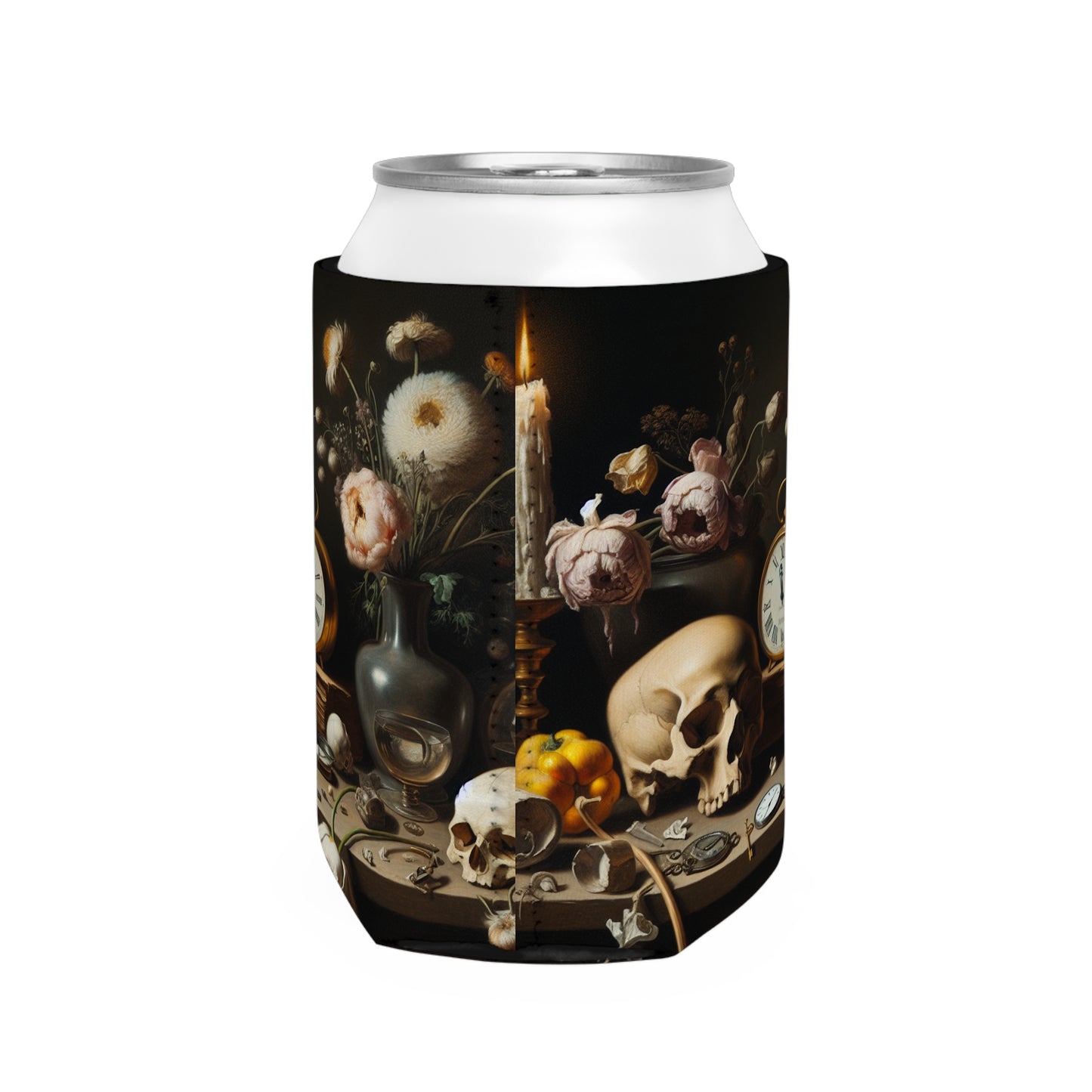 "Decadencia digital: una Vanitas contemporánea que examina el consumismo en el siglo XXI" - La pintura de Vanitas con funda Alien Can Cooler