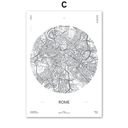 Póster de pintura en lienzo sobre lienzo para pared, mapa de la ciudad de Milán, blanco y negro, Roma, Estambul