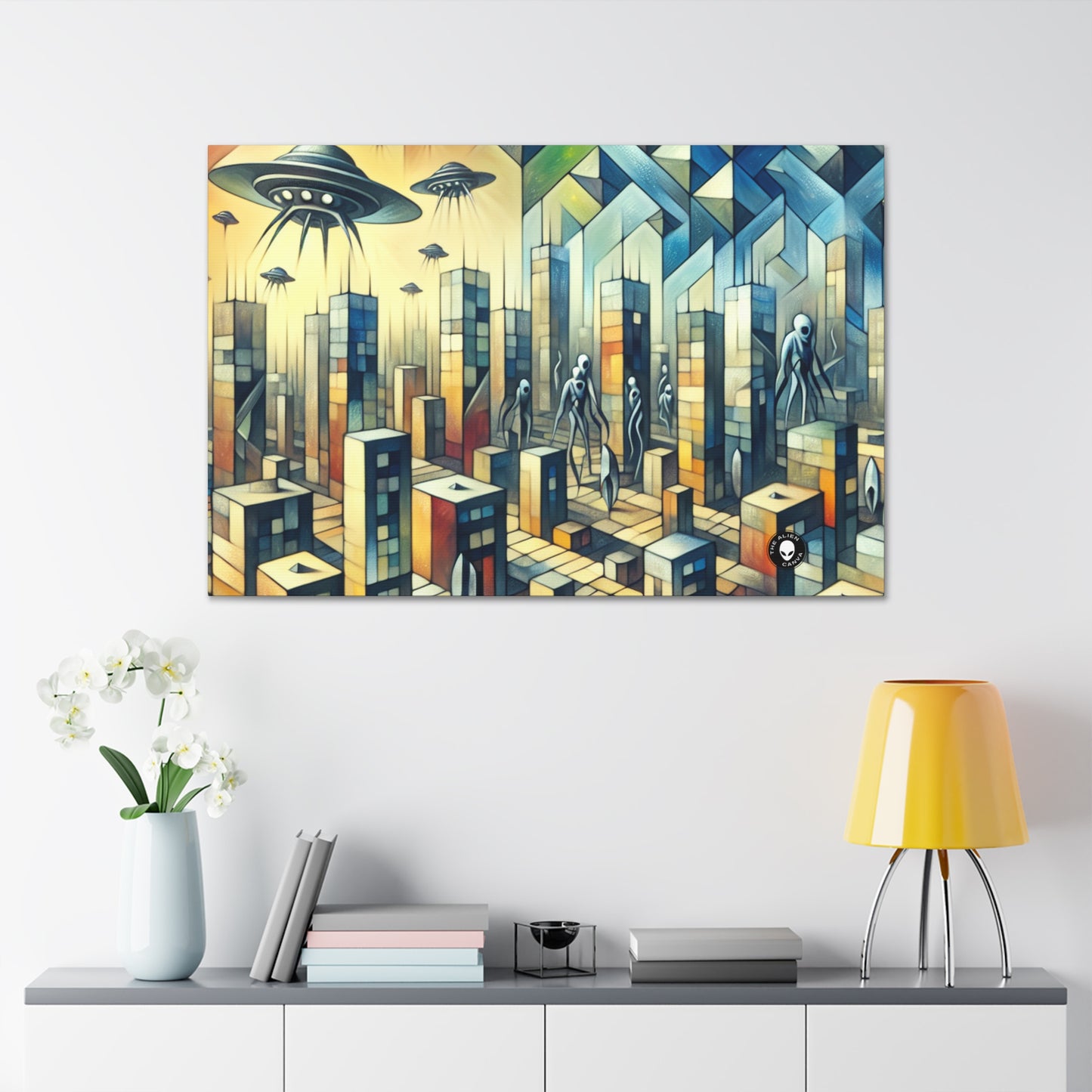 "Cubism in a Futuristic, Alien-Invaded City". - The Alien Canva A futristic city invaded by aliens in cubism art style