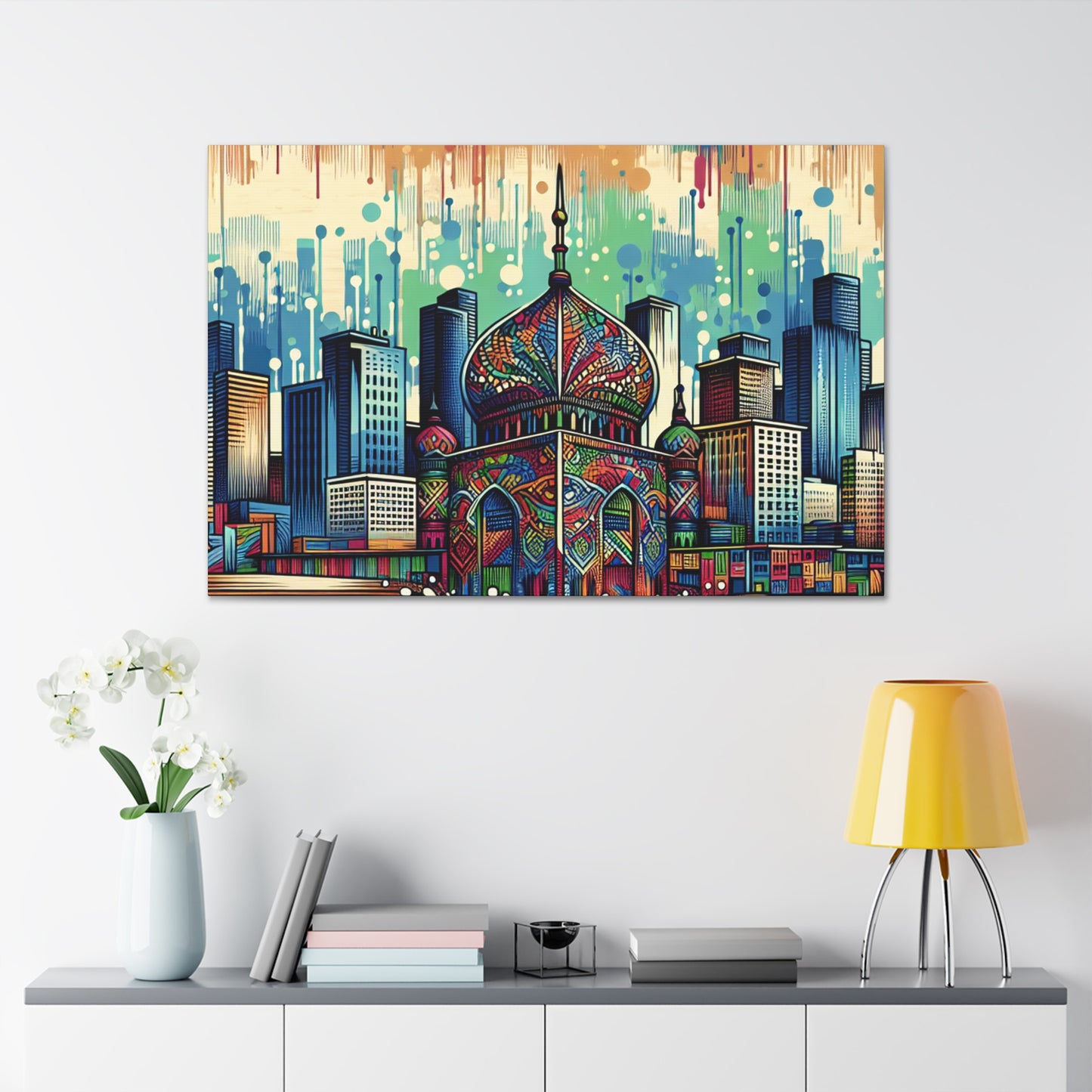 "Bright City: A Pop of Color on the Skyline" - The Alien Canva Street Art / Graffiti Style