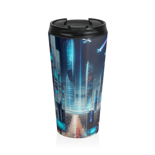 "Future Cityscape: A Skyline of Flying Cars and Neon Lights" - The Alien Stainless Steel Travel Mug