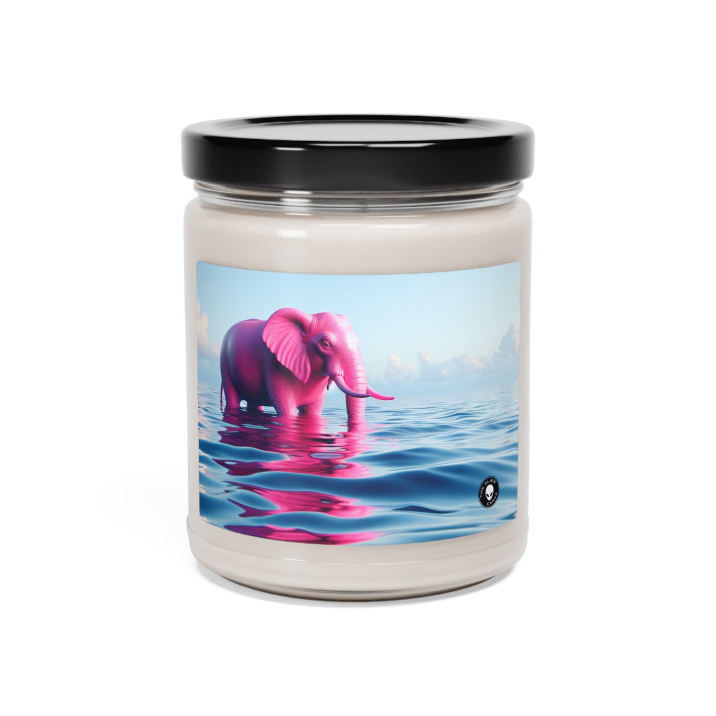 "L'éléphant rose dans la mer d'un bleu profond" - Bougie de soja parfumée Alien 9oz Un éléphant rose flottant dans l'océan