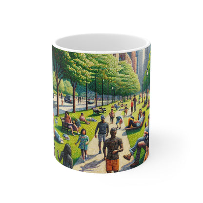 "Dotty Cityscape" - La taza de cerámica alienígena estilo puntillismo de 11 oz